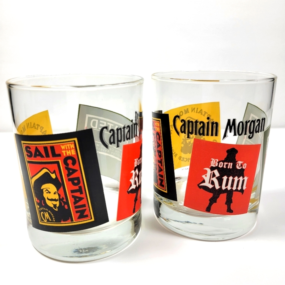 SOLD Captain Morgan Rum Rock Graphic Set of 2 Barware Drinking Glass 12 oz